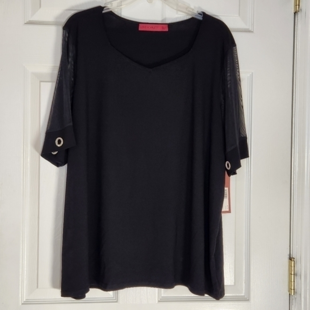 NWT Love Scarlett Black Tee Bedazzled Button in Mesh Sleeves 2X‎ Great Gift